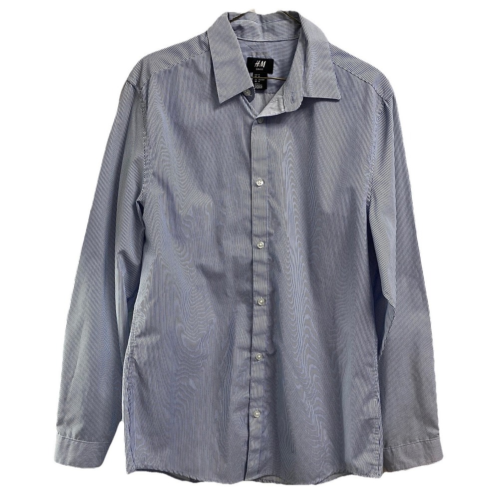 H&M Men's Blue&White Pin-Striped Button Down Long Sleeve Slim Fit Dress Shirt M